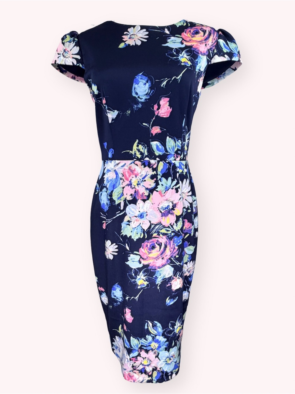 Betsey Johnson Navy Blue Floral Cap Sleeve Sheath Midi Dress